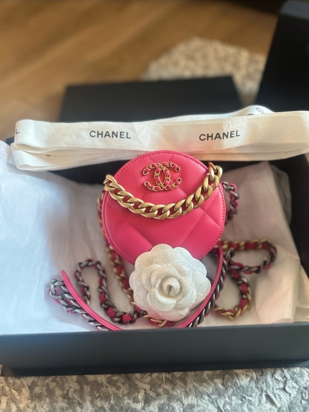 CHANEL Hot Pink Quilted Round Mini Crossbody with Gold Chain